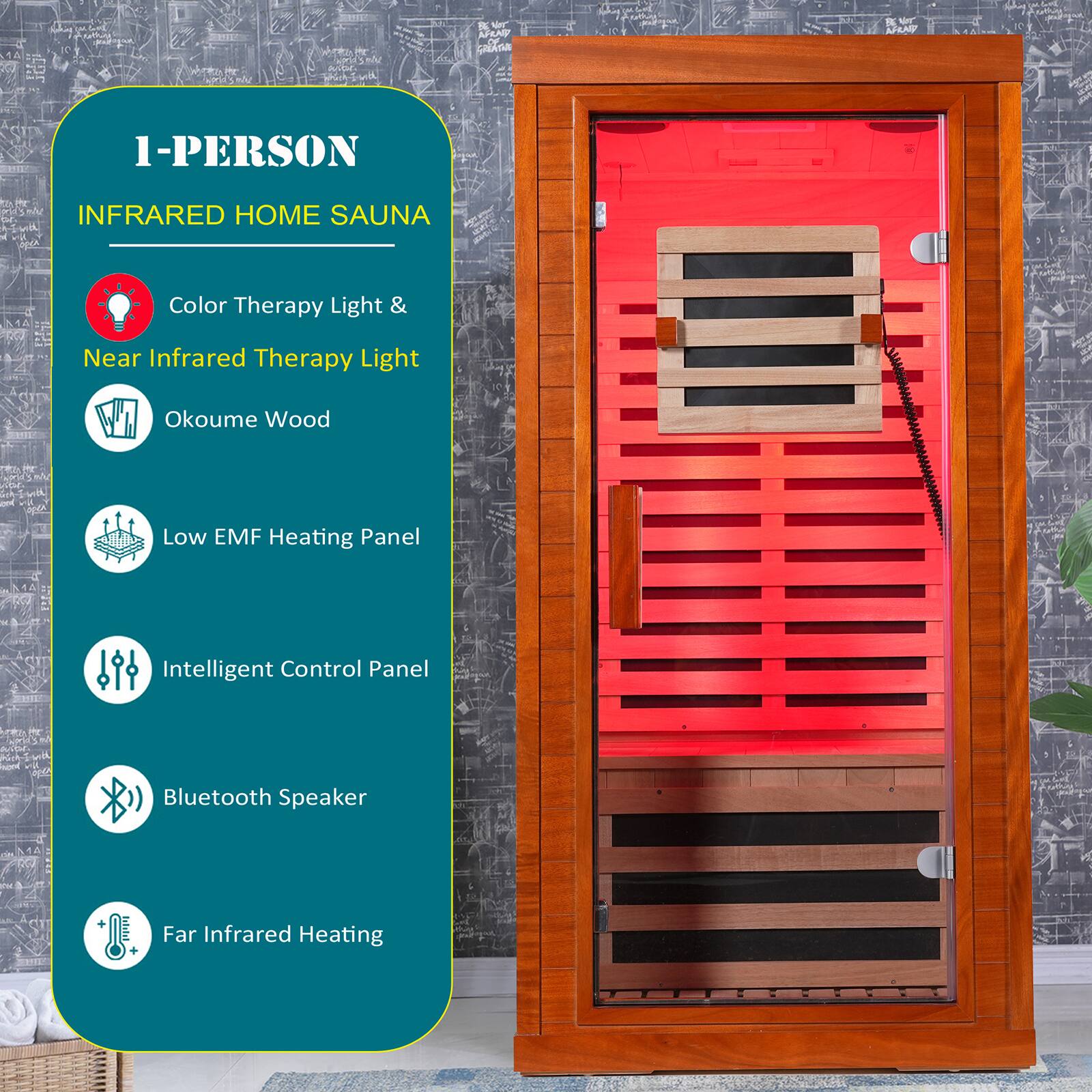 1-Person Infrared Home Sauna

- Color Therapy Light & Near Infrared Therapy Light
- Okoume Wood
- Low EMF Heating Panel
- Intelligent Control Panel
- Bluetooth Speaker
- Far Infrared Heating