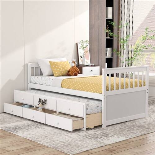 Angle. Hivvago - Twin Captains Bed with Pull Out Trundle and Storage Drawers in White Wood Finish - White.
