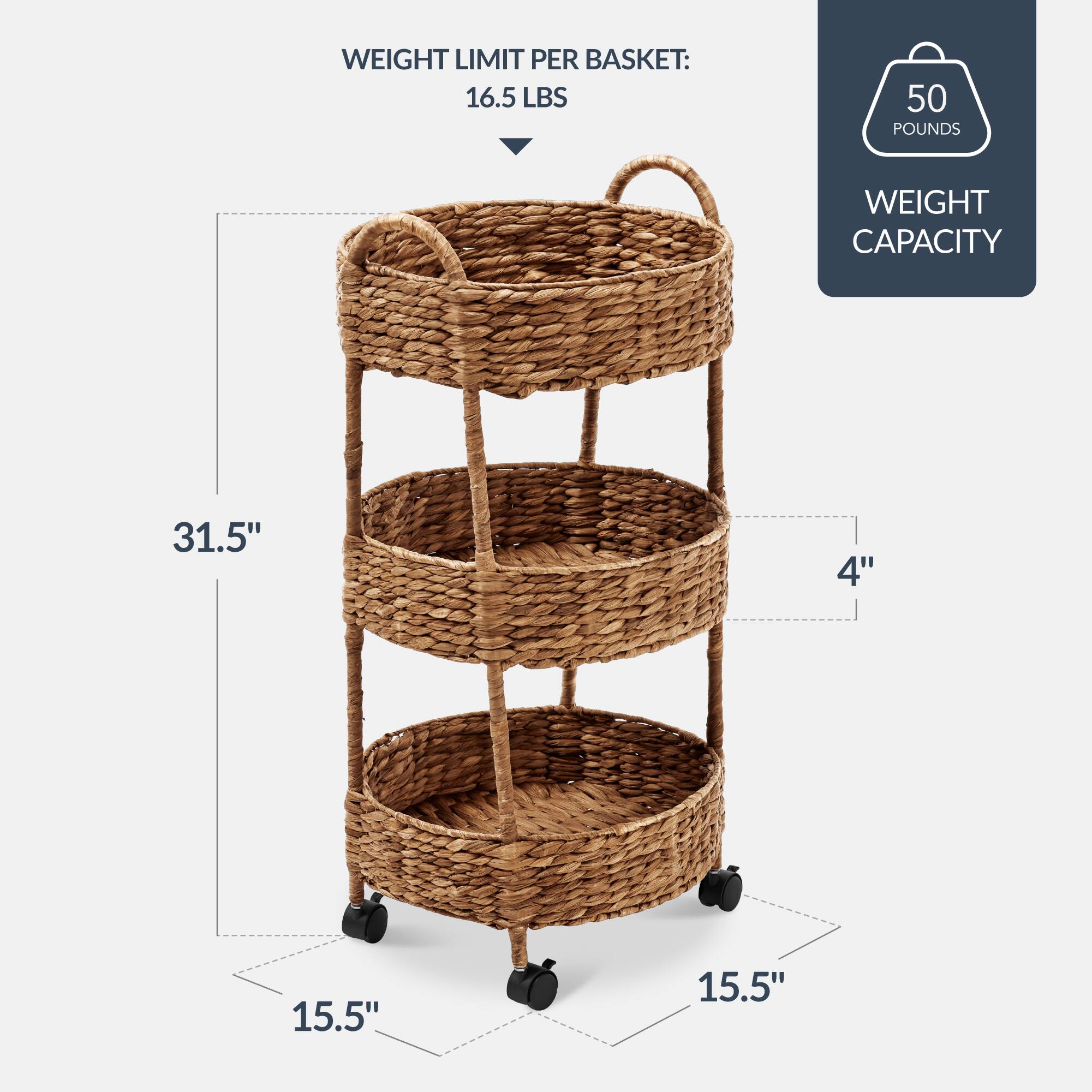 WEIGHT LIMIT PER BASKET: 16.5 LBS  
50 POUNDS WEIGHT CAPACITY  
31.5"  
4"  
15.5"  
15.5"