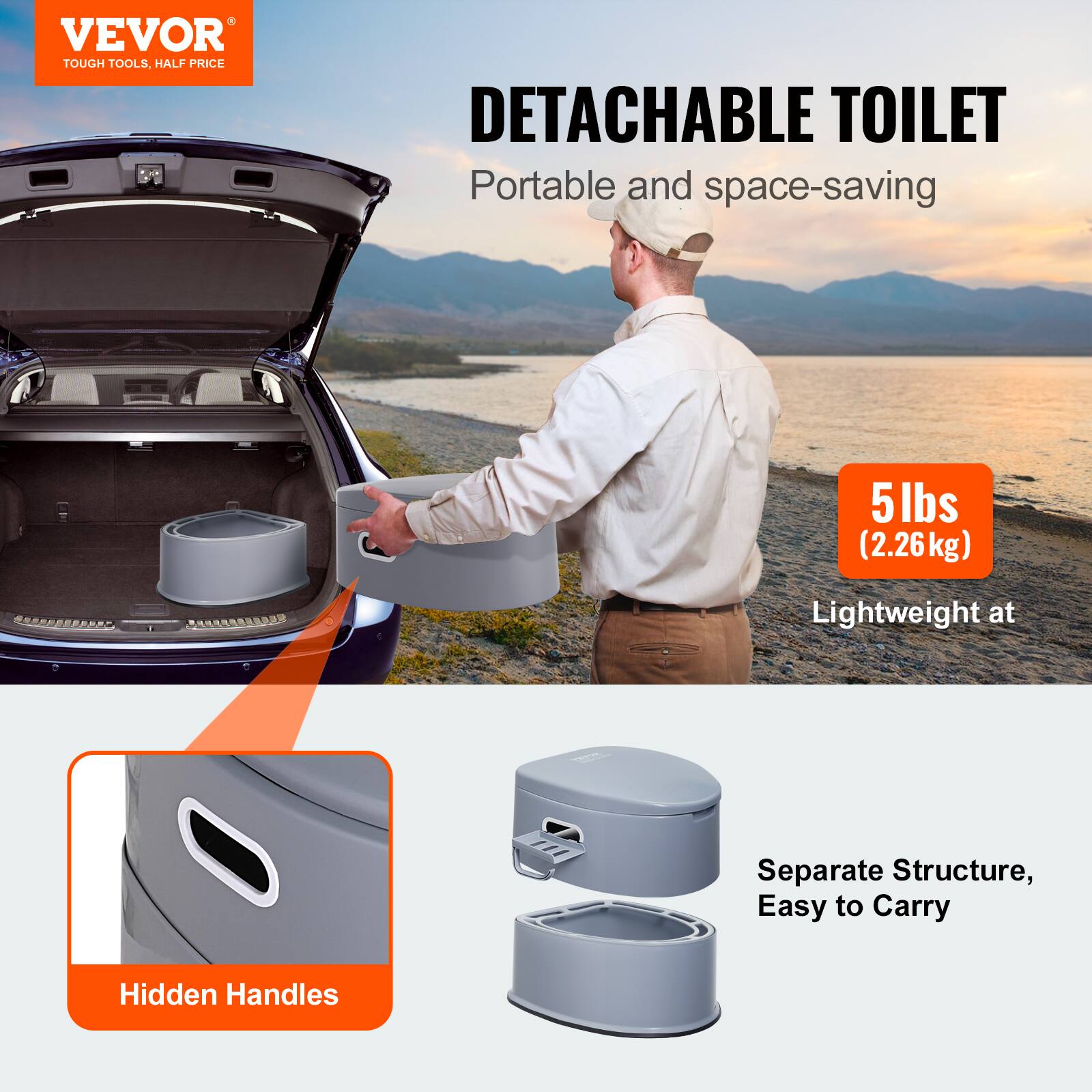VEVOR TOUGH TOOLS, HALF PRICE DETACHABLE TOILET Portable and space-saving 5 lbs (2.26kg) Lightweight at Separate Structure, Easy to Carry Hidden Handles