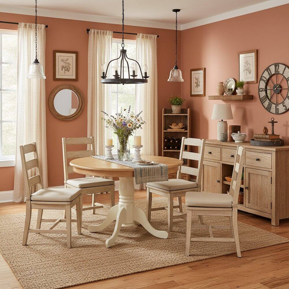 Back. FurniFact - Pedestal Dining Table - Oak & Linen White.