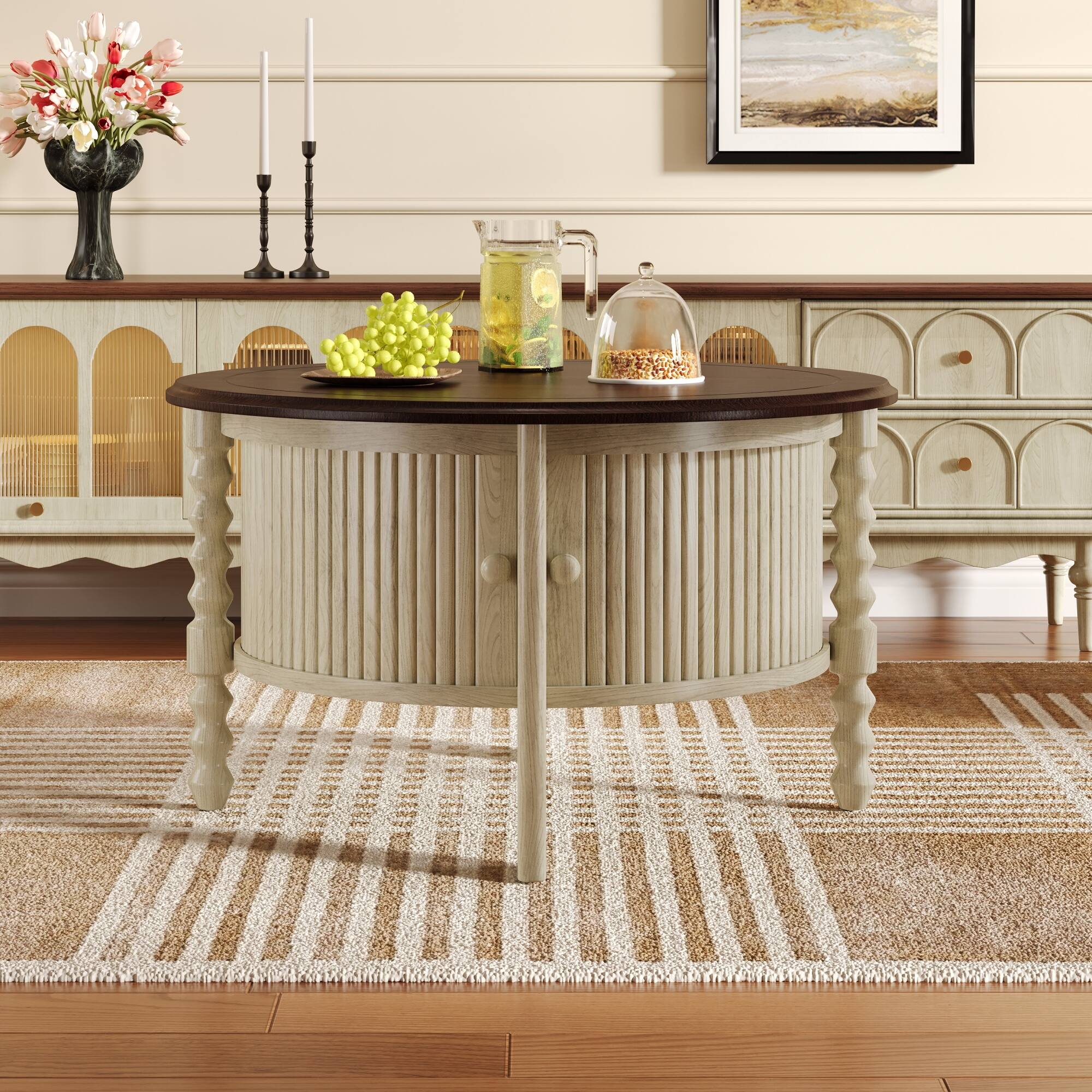 Alt View 4. Bestier - Vintage Round Coffee Table with Storage 30.3 Inch Mid Century Modern Slatted Design Accent Table for Small Spaces - Beige.