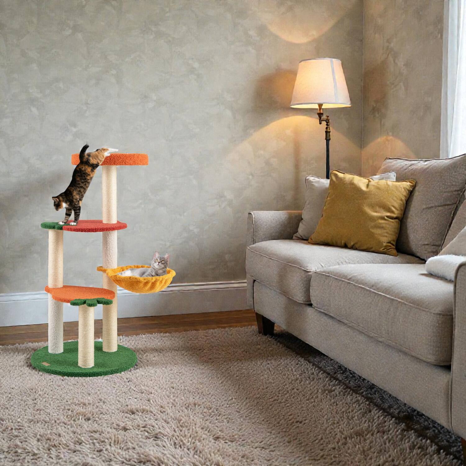 Front. BreeBe - Layered Feline Play Center Featuring Decorative Fruit-Shaped Perches - Red & Orange.