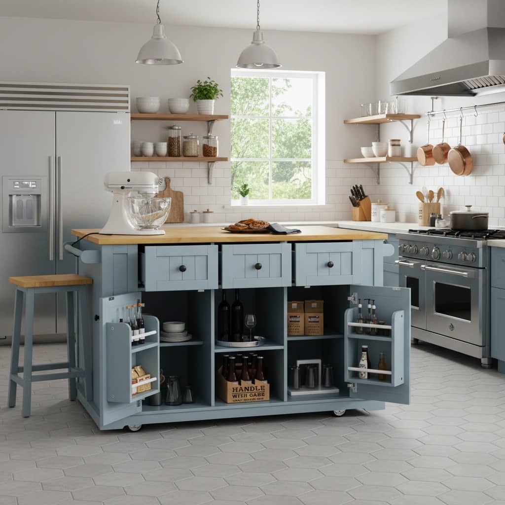 Photos - Storage Сabinet Power Forest'nSky - 53" Large Rolling Kitchen Island with 2 Bar Stools,  Outlet, Drop Leaf, Internal Storage Rack - Grey Blue 