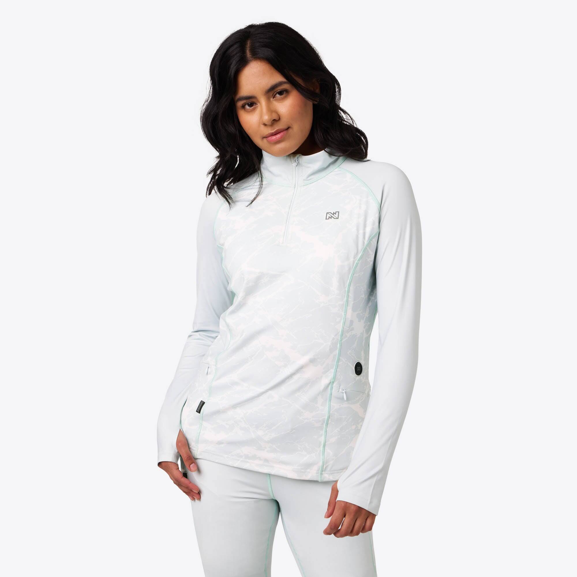 Front. Mobile Warming - Women's Proton 2.0 Baselayer Heated Shirt - Ice Blue.
