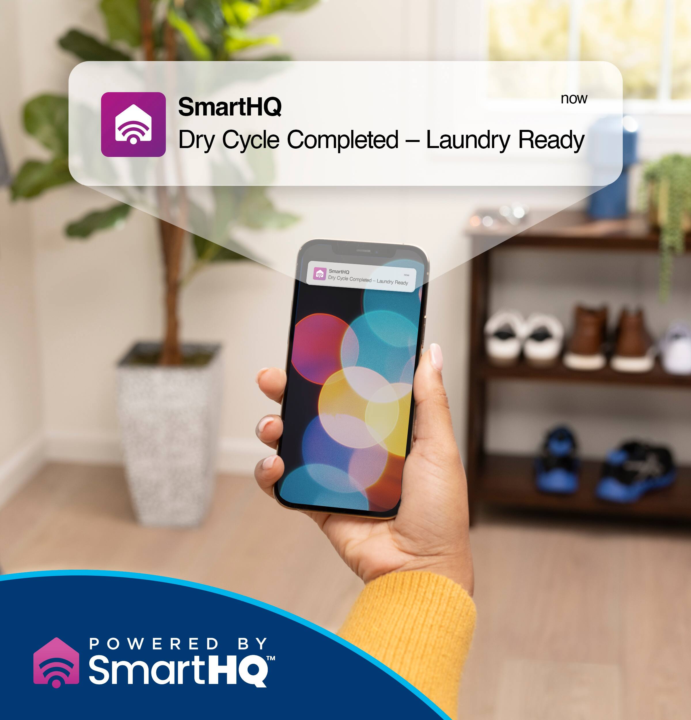 The text on the image reads: "now SmartHQ Dry Cycle Completed - Laundry Ready."