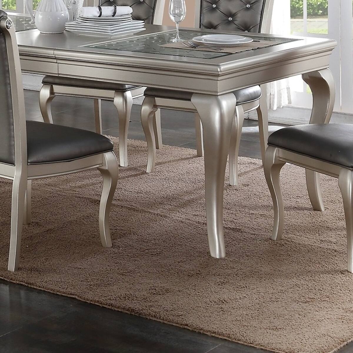 Loheer Silver Rectangular Dining Table With Glass Insert Top and ...
