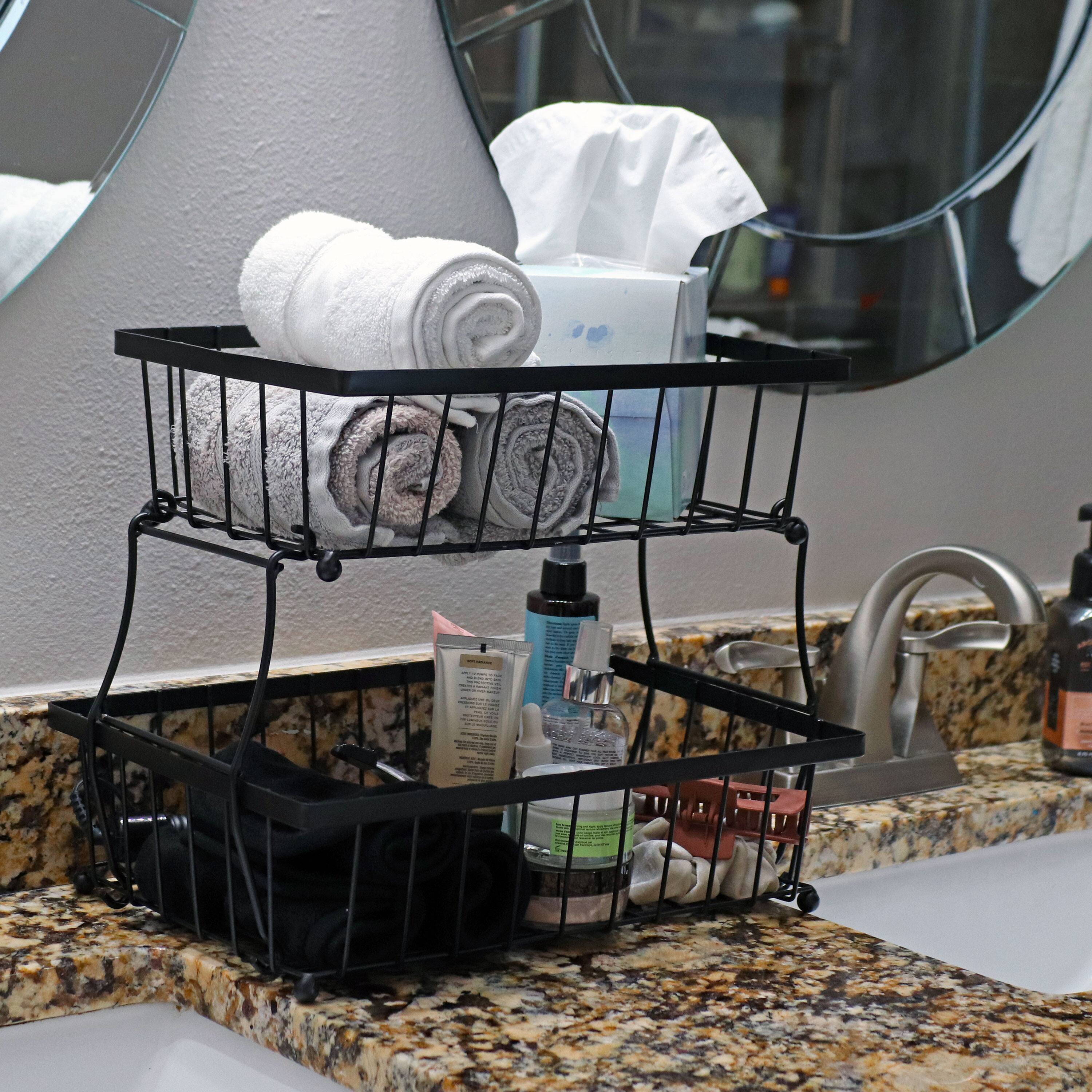 Alt View 4. Sunnydaze - 2-Tier Metal Wire Collapsible Tabletop Storage Basket - Black.