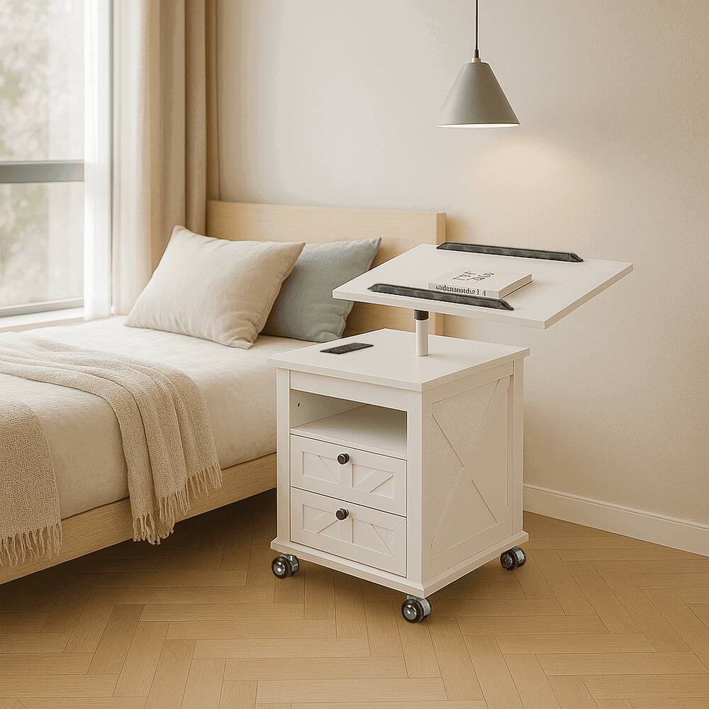 Alt View 5. Kadyn - Kadyn Lift Top Desk Cart, Mobile Rolling Table, Wood Storage Cabinet with Drawers, Adjustable Height Utility Cart, White - White.