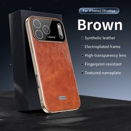 Dteck - Faux Leather Texture Case for Apple iPhone 17 Pro Max, Electroplated Frame Drop-Proof Phone Cover with Lens Protector - Brown