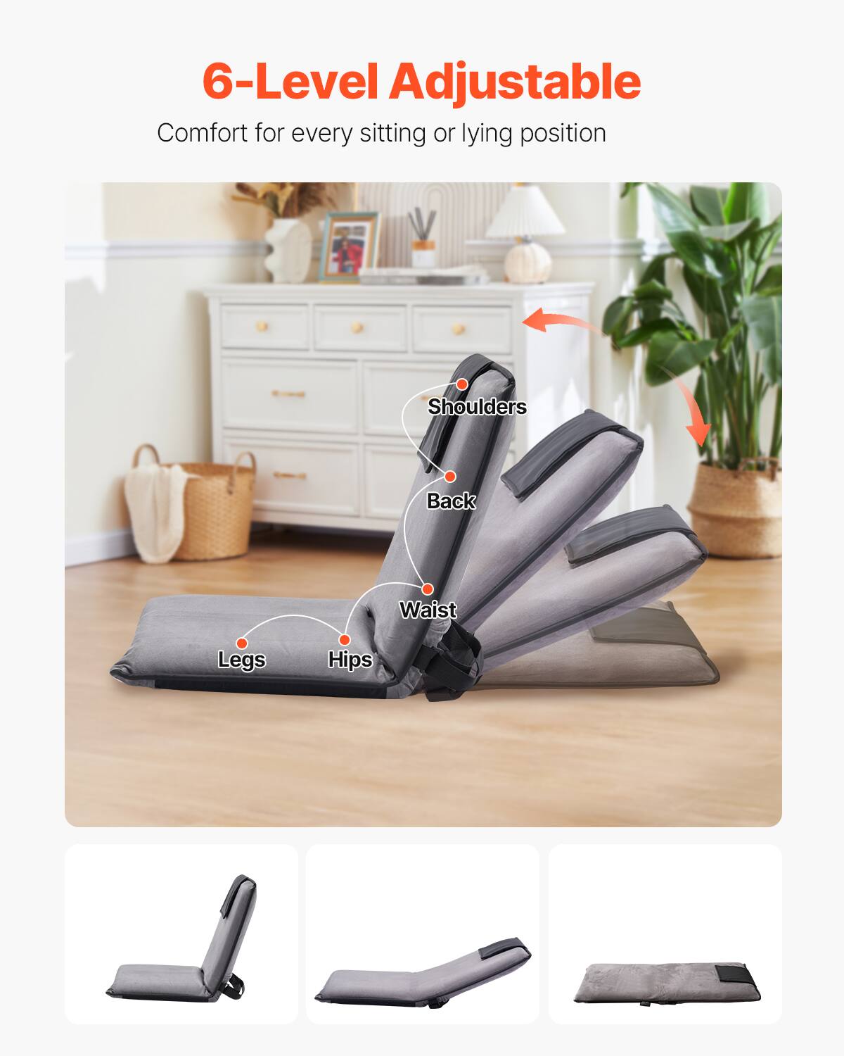 6-Level Adjustable  
Comfort for every sitting or lying position  

Shoulders  
Back  
Waist  
Hips  
Legs