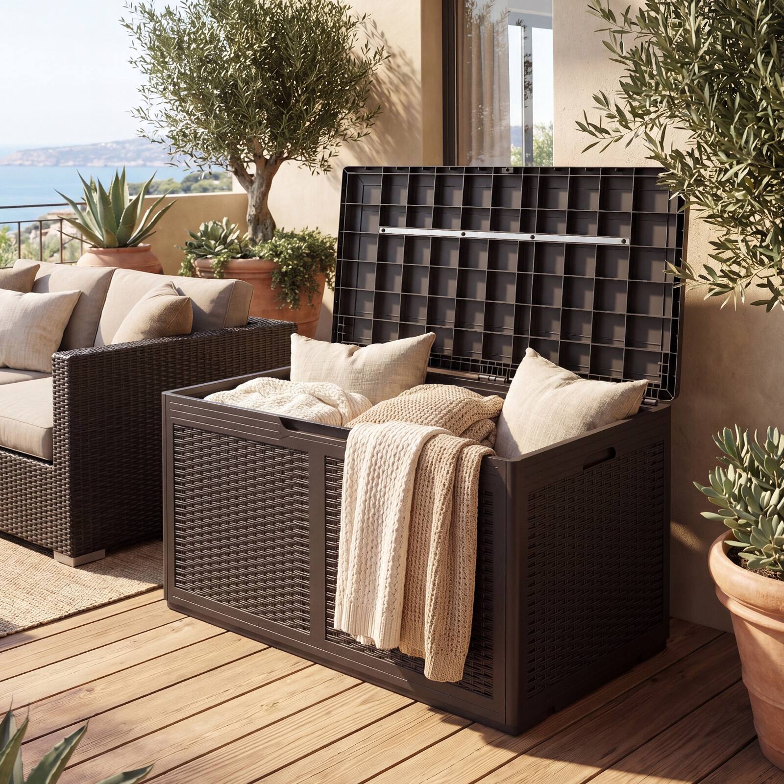 Alt View 1. Costway - Costway 100 Gal Outdoor Storage Box Lockable Patio Bin & Bench for Gardening Tools - Brown.