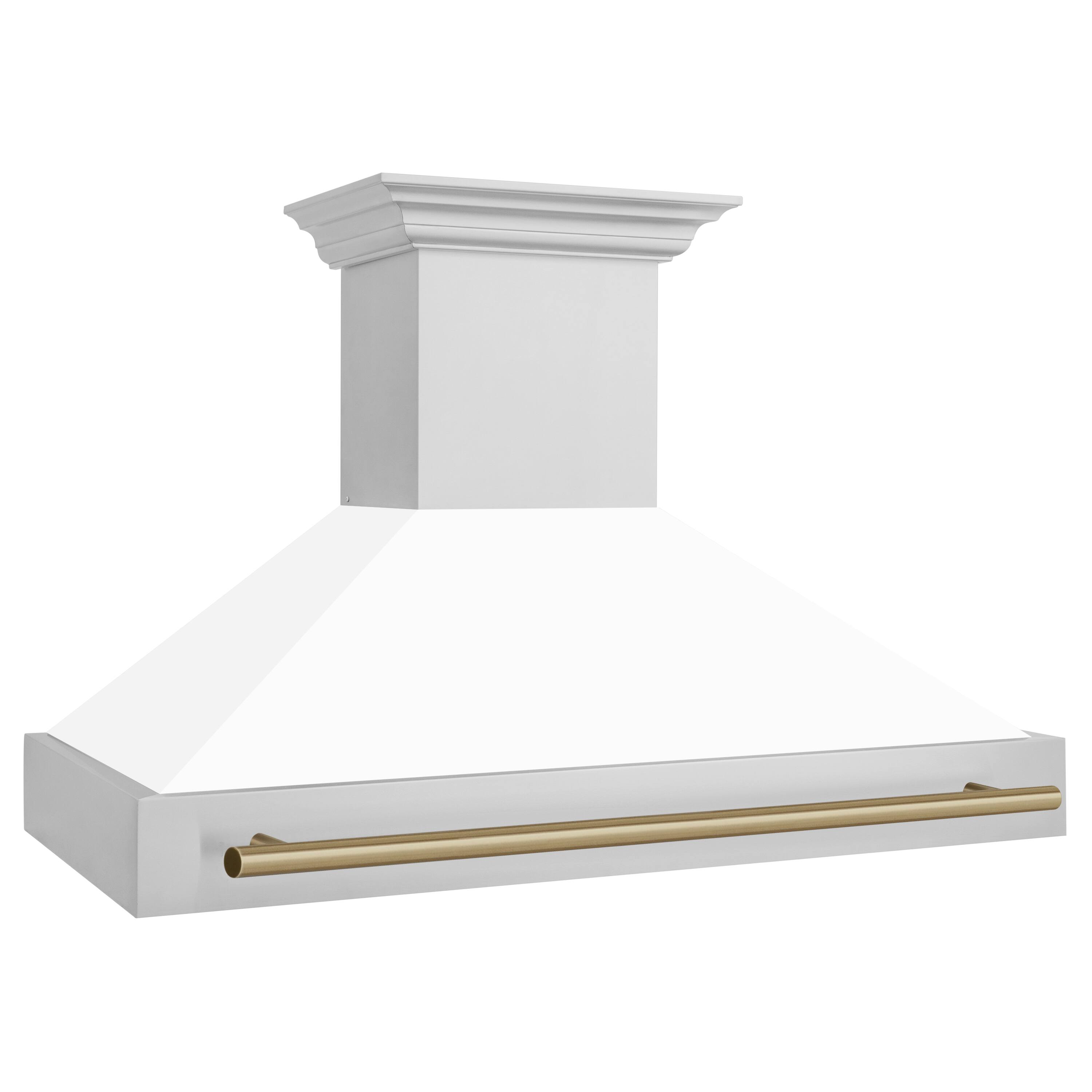 Angle. ZLINE - ZLINE Autograph Edition 48 in. Stainless Steel Range Hood with White Matte Shell and Champagne Bronze Handle - Stainless Steel.