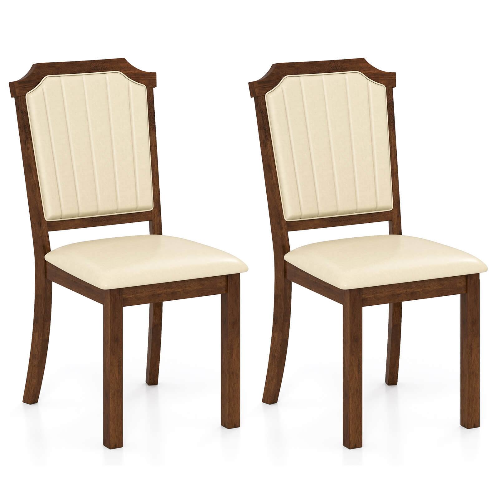 Front. Costway - Costway Dining Chair Set of 2 Upholstered Kitchen Chair with PU Leather & Rubber Wood Frame - Brown,Beige.