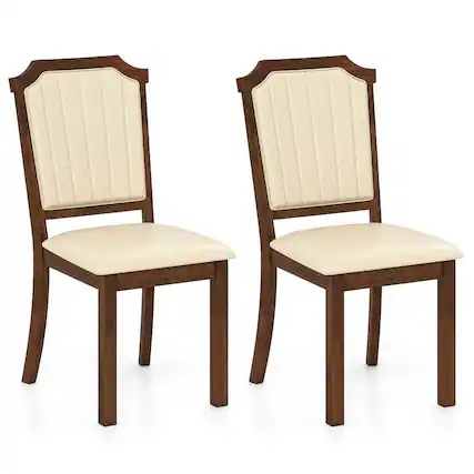 Front. Costway - Costway Dining Chair Set of 2 Upholstered Kitchen Chair with PU Leather & Rubber Wood Frame - Brown,Beige.