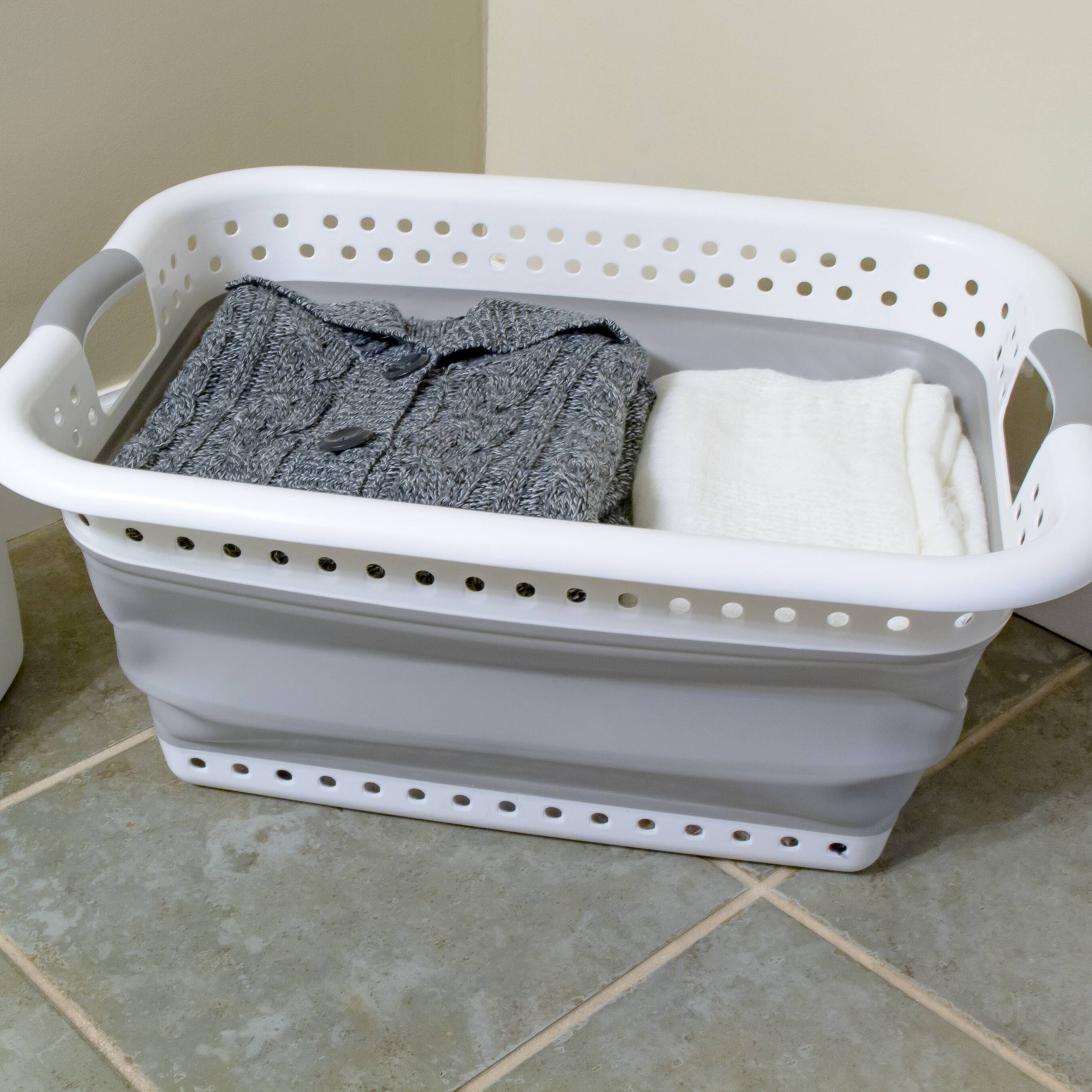 Alt View 1. Camco - Camco Collapsible Laundry Basket, Plastic Bin, Handles for Storage, Large, White - White.
