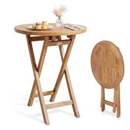 Costway - 24" Round Solid Teak Outdoor Folding Bistro Table with Footrest for Balcony, Garden - Natural