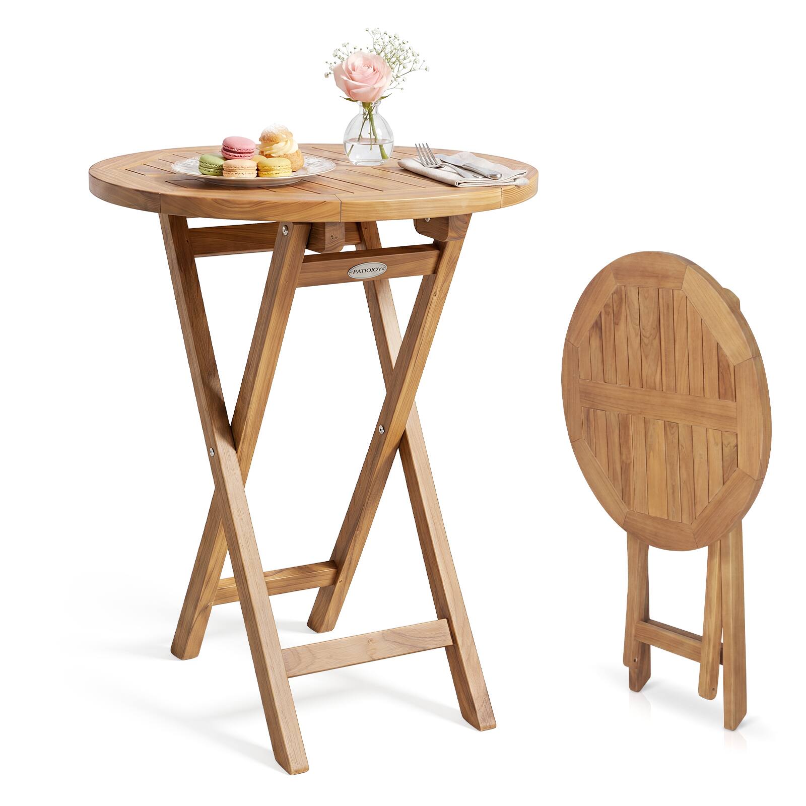 Front. Costway - Costway 24" Round Solid Teak Outdoor Folding Bistro Table with Footrest for Balcony, Garden - Natural.