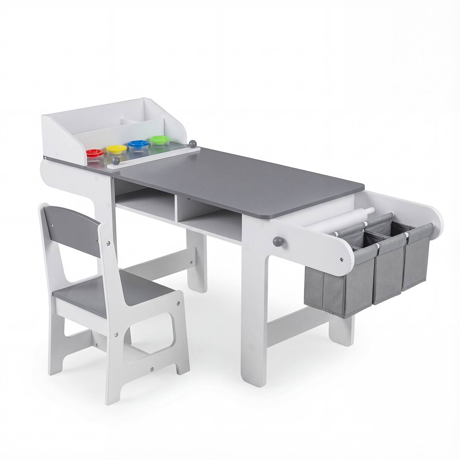 Alt View 9. Gymax - Gymax Wooden Kids Art Table & Chair Set w/Paper Roll&Fabric Bins for Drawing Reading - Grey.