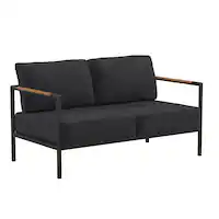 Alamont Home - Lea Indoor/Outdoor Patio Loveseat with Cushions - Modern Aluminum Framed Loveseat with Teak Accent Arms - Charcoal - Front_Zoom