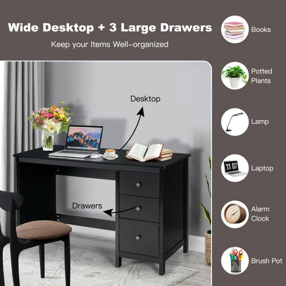 Wide Desktop + 3 Large Drawers  
Keep your Items Well-organized  

- Books  
- Potted Plants  
- Desktop Lamp  
- Laptop  
- Alarm Clock  
- Brush Pot