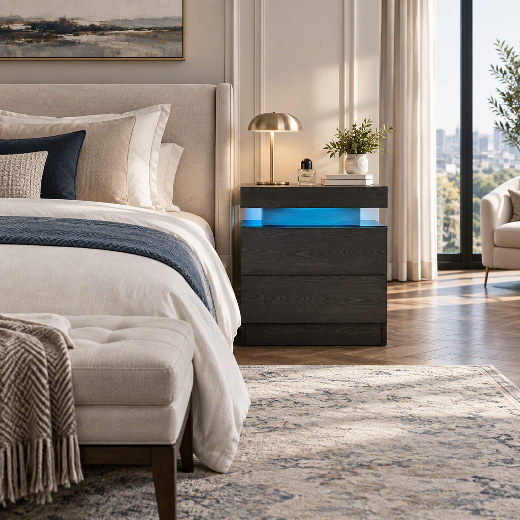 RYHNUYNE - LED Nightstand with 2 Drawers, Bedside Table, Modern End Side Table for Bedroom - Black Woodgrain