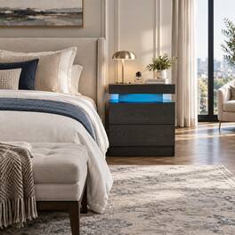 RYHNUYNE - LED Nightstand with 2 Drawers, Bedside Table, Modern End Side Table for Bedroom - Black Woodgrain