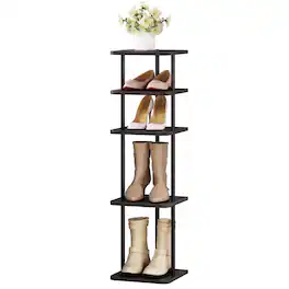 ThinkLink Electronic - Vertical Shoe Rack Wooden Storage Organizer For Space Saving Narrow Shelf Entryway Living Room Bedroom Rustic - Black + Rustic Dark Brown 5 Tier