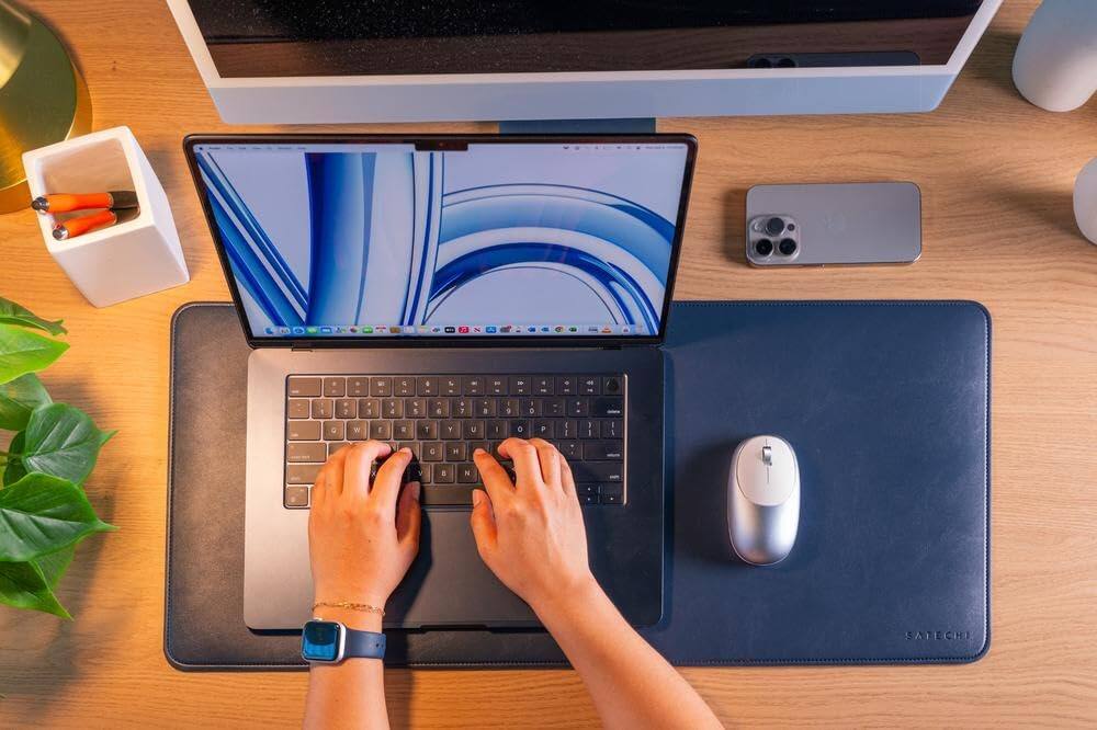 Alt View 5. Satechi - Vegan-Leather Desk Mat - Large, Water & Scratch Resistant, Easy to Clean, 26.8" x 12.4" Desk Pad - Blue.