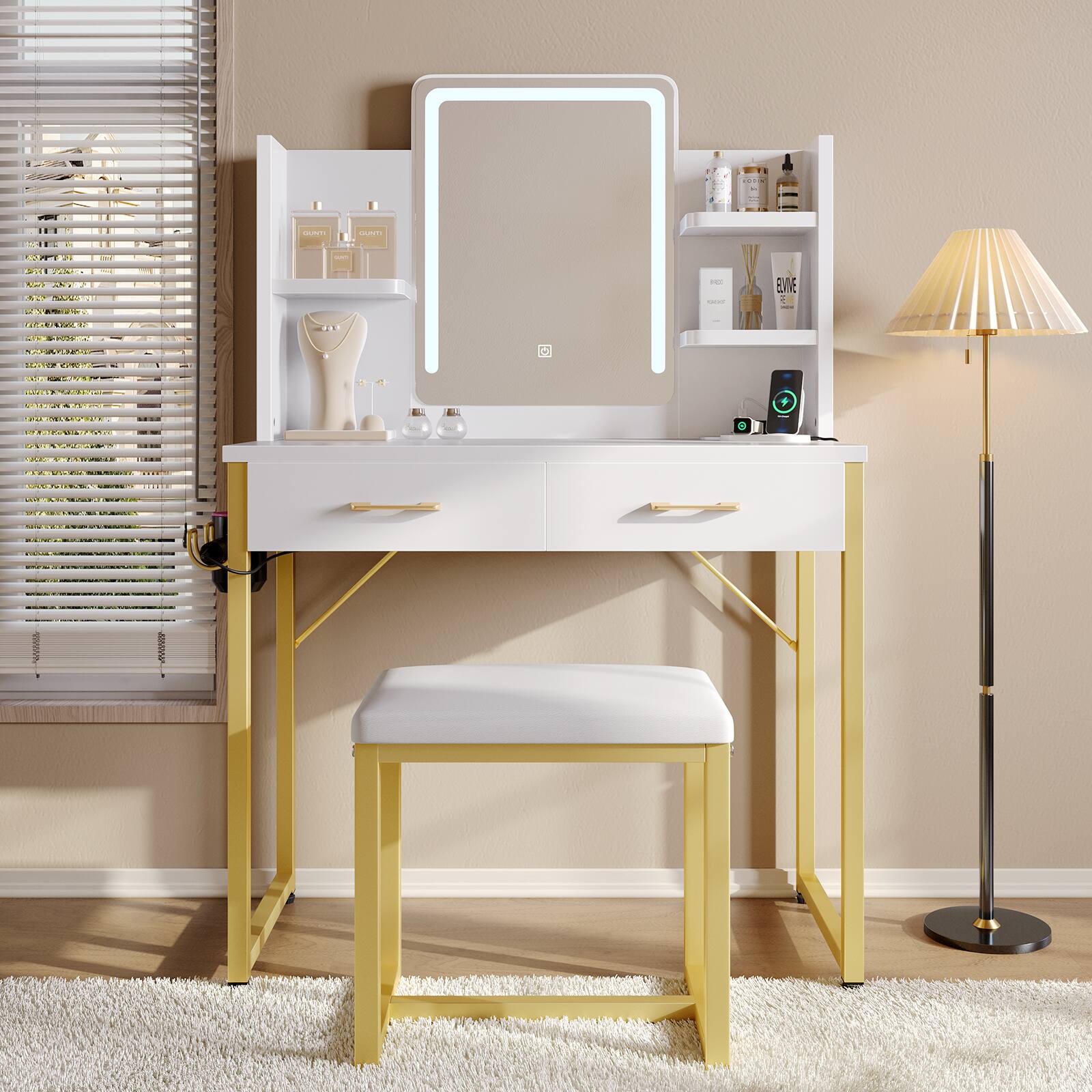 Back. Bestier - 31.3-in W White Makeup Vanity with LED Mirror, Storage Drawers, Power Outlet and PU Leather Cushion Stool - White.
