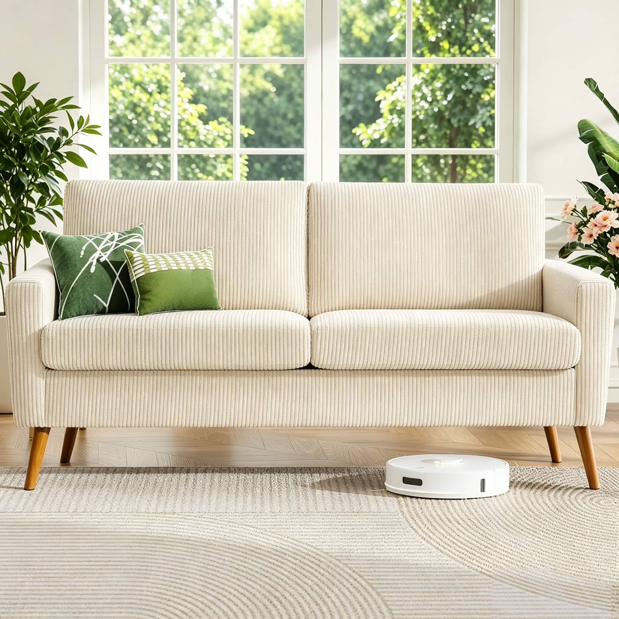 Dyonery - 68" Sofa Fabric Couch Comfy Loveseat with Spring Cushion Solid Wood Beige+corduroy - Beige