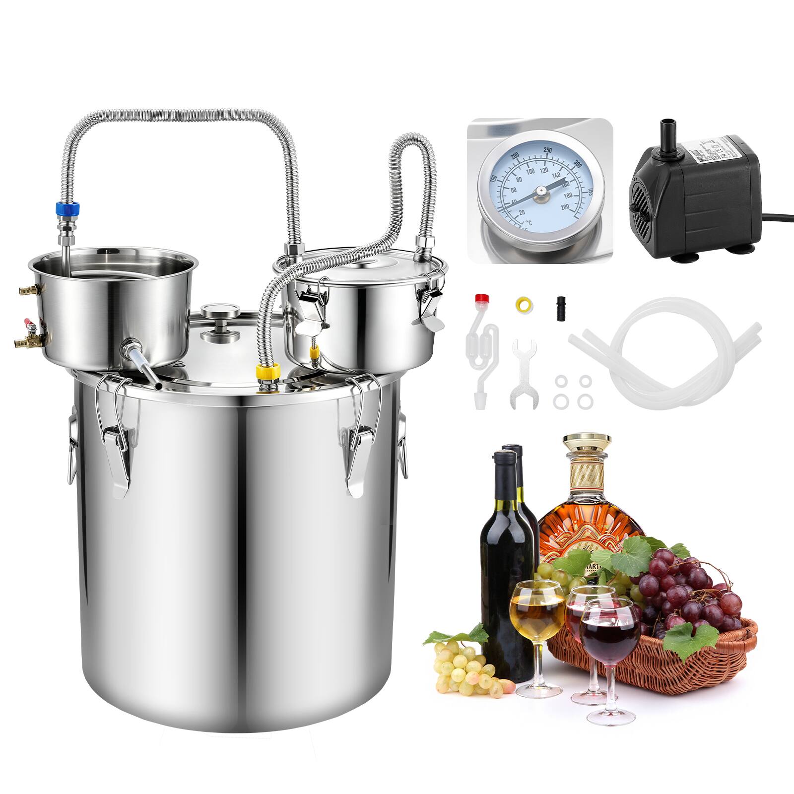 Front. VEVOR - Alcohol Still, 13.2 GAL/ 50L Alcohol Distiller with Thumper Keg, Dual-scale Thermometer, and Water Pump,Home Brewing Kit - Silver.