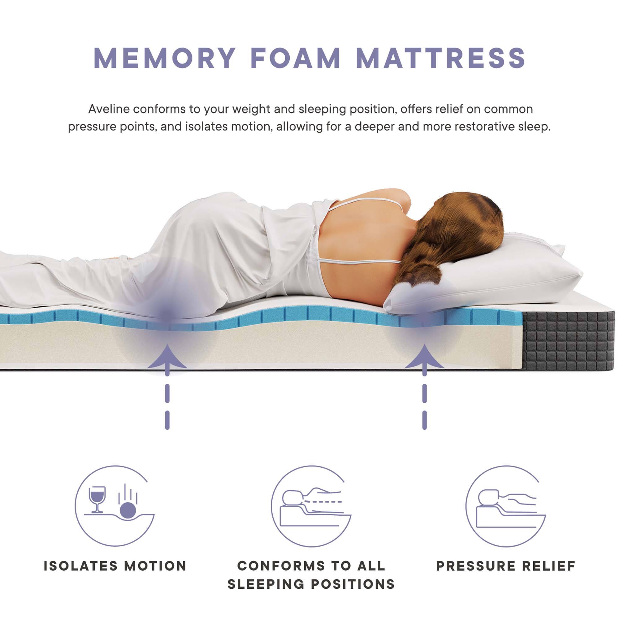 MEMORY FOAM MATTRESS

Aveline conforms to your weight and sleeping position, offers relief on common pressure points, and isolates motion, allowing for a deeper and more restorative sleep.

- ISOLATES MOTION
- CONFORMS TO ALL SLEEPING POSITIONS
- PRESSURE RELIEF