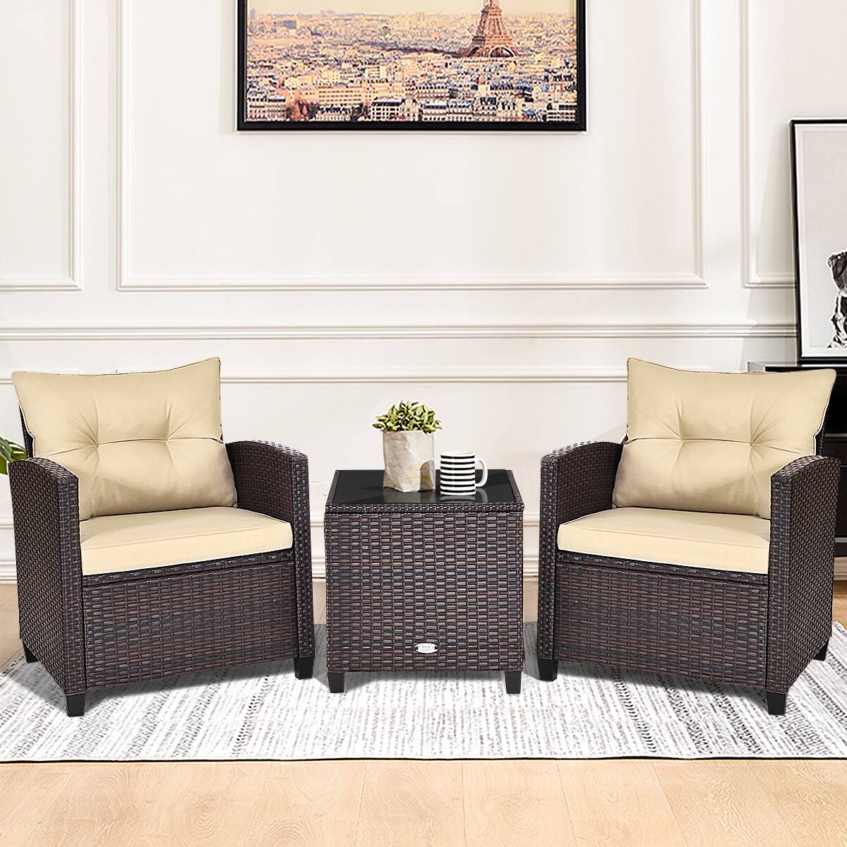 Alt View 2. Gymax - Gymax 3PCS Outdoor Patio Rattan Conversation Set w/ Cushion Coffee Table - Mix Brown.