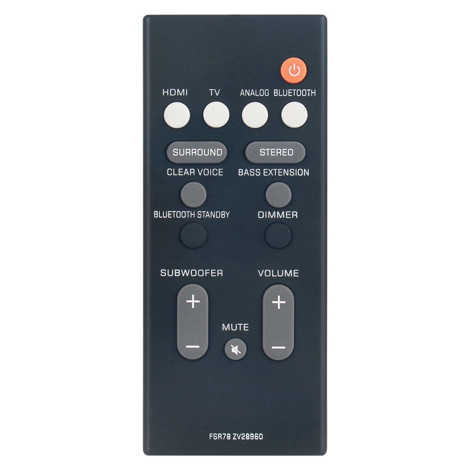 HDMI TV ANALOG BLUETOOTH  
SURROUND STEREO CLEAR VOICE BASS EXTENSION  
BLUETOOTH STANDBY DIMMER SUBWOOFER VOLUME  
MUTE  
FSR78 ZV28960