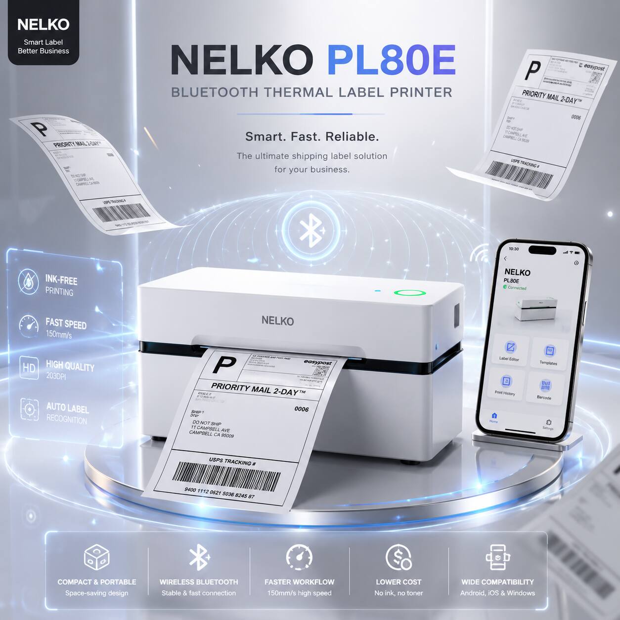 Nelko PL80E Bluetooth Thermal Label Printer Label Maker Machine