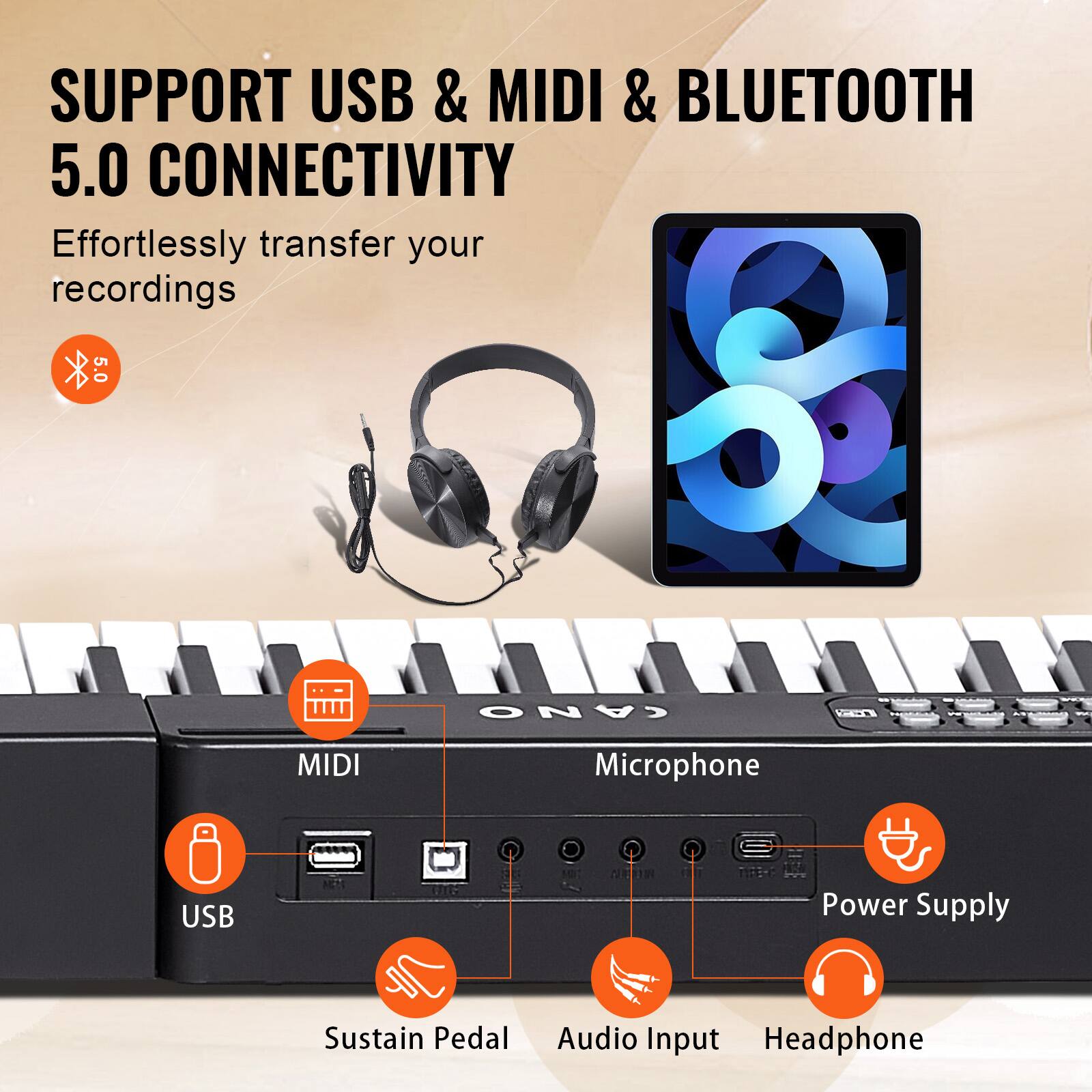 SUPPORT USB & MIDI & BLUETOOTH 5.0 CONNECTIVITY

Effortlessly transfer your recordings

- USB
- MIDI
- Sustain Pedal
- Audio Input
- Headphone
- Microphone
- Power Supply