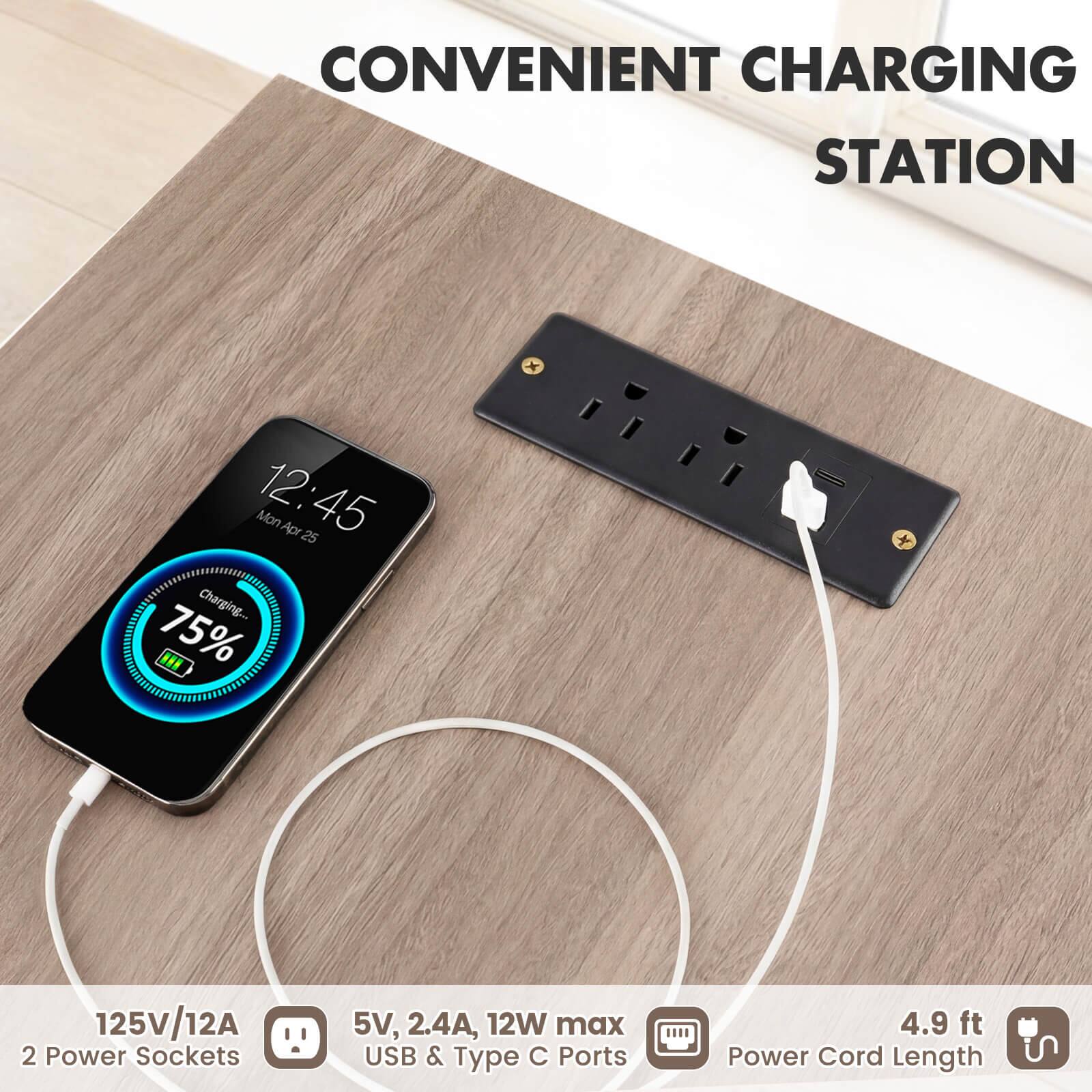 CONVENIENT CHARGING STATION

Mon 12:45 Apr 25  
Charging... 75%  

125V/12A  
2 Power Sockets  
5V, 2.4A, 12W max USB & Type C Ports  
4.9 ft Power Cord Length