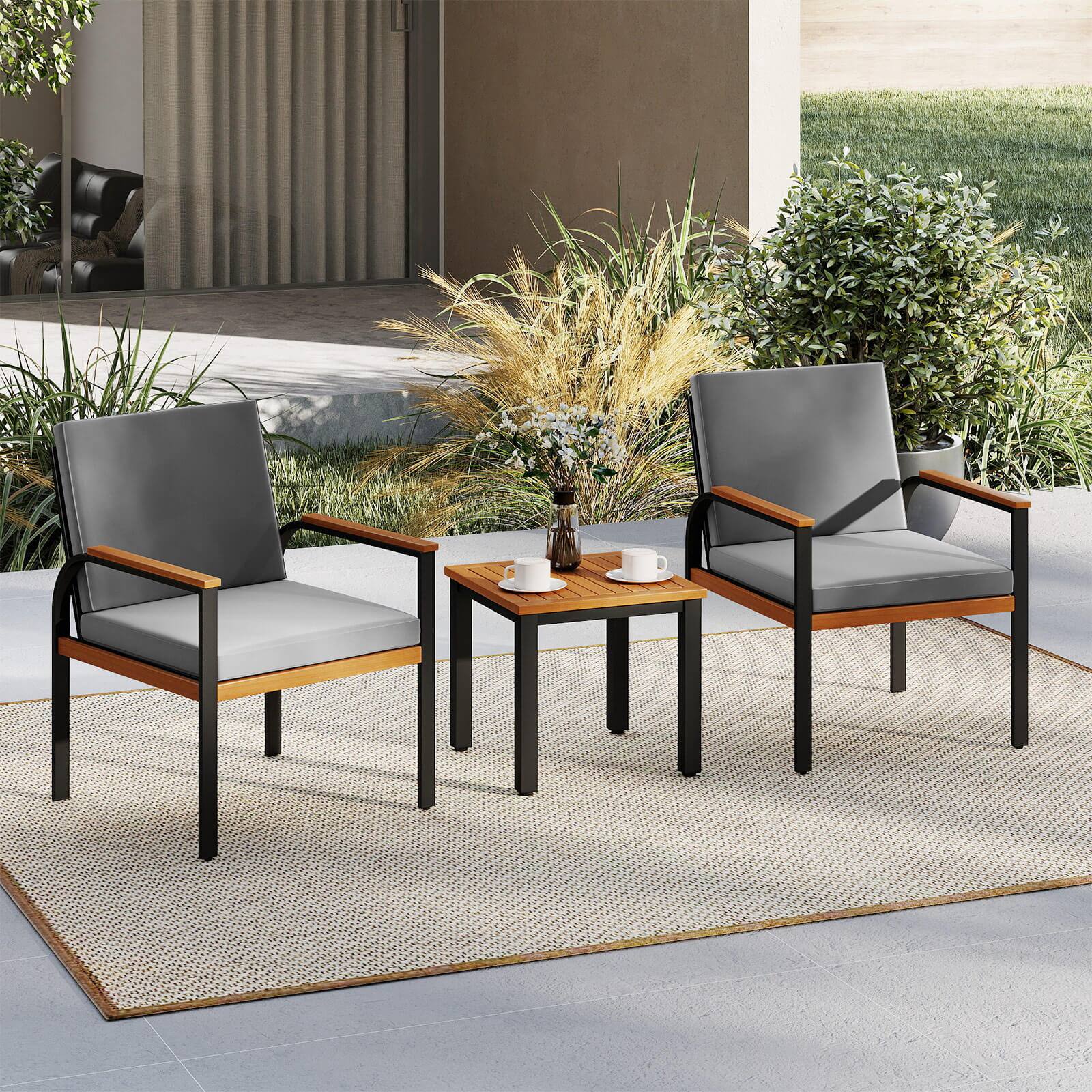 Alt View 4. Costway - Costway 3 PCS Patio Furniture Set with Coffee Table Removable Cushions Acacia Wood Armrests - Gray.