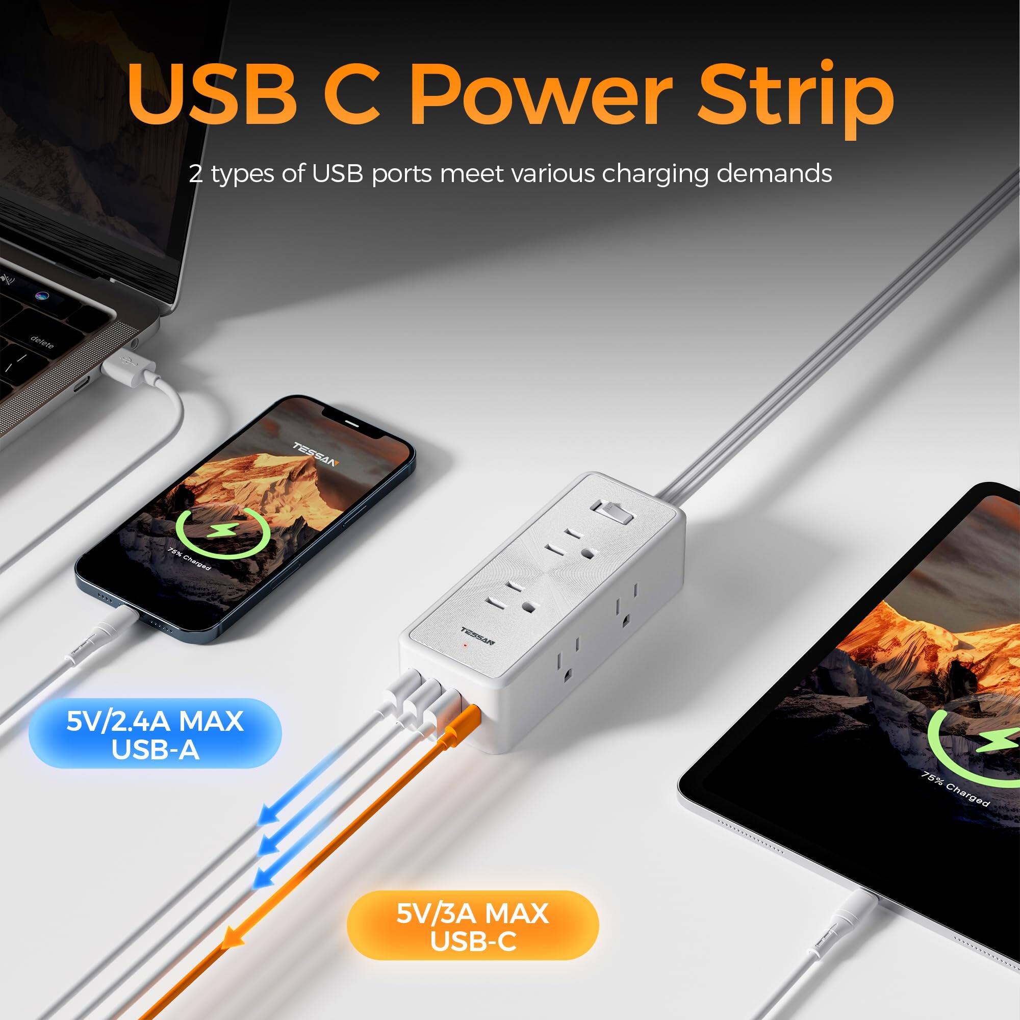 USB C Power Strip  
2 types of USB ports meet various charging demands  

5V/2.4A MAX USB-A  
5V/3A MAX USB-C