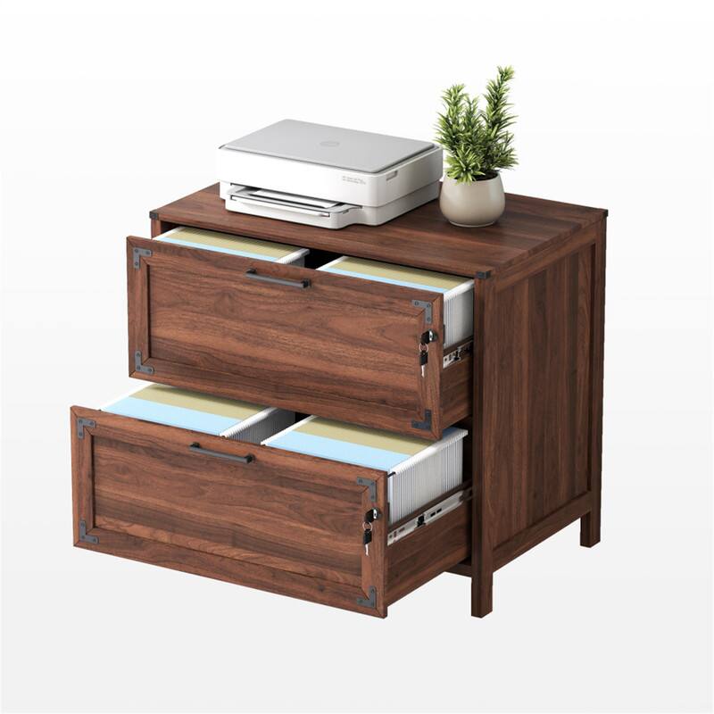 Front. HTUTWOO - 2 Drawer Farmhouse File Cabinet with Lock - Filing Cabinet for Home Office Design for Home Office - Walnut.