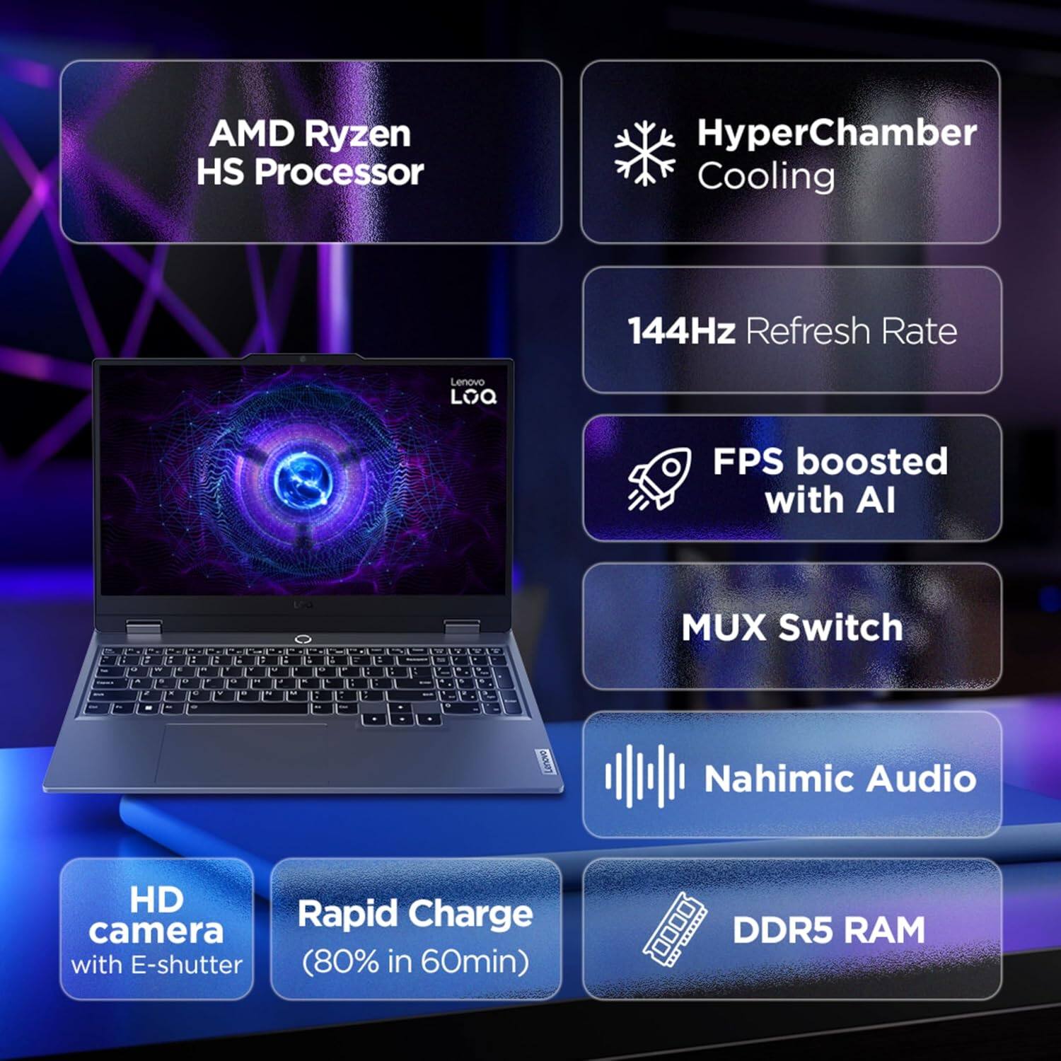 AMD Ryzen HS Processor  
HyperChamber Cooling  
144Hz Refresh Rate  
FPS boosted with AI  
MUX Switch  
Nahimic Audio  
HD camera with E-shutter  
Rapid Charge (80% in 60min)  
DDR5 RAM
