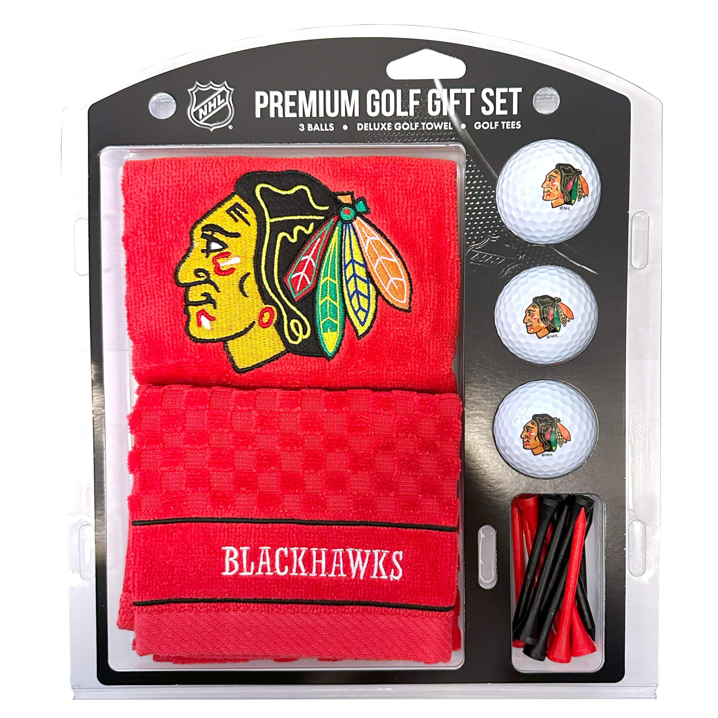 NHL PREMIUM GOLF GIFT SET  
3 BALLS • DELUXE GOLF TOWEL • GOLF TEES  

BLACKHAWKS