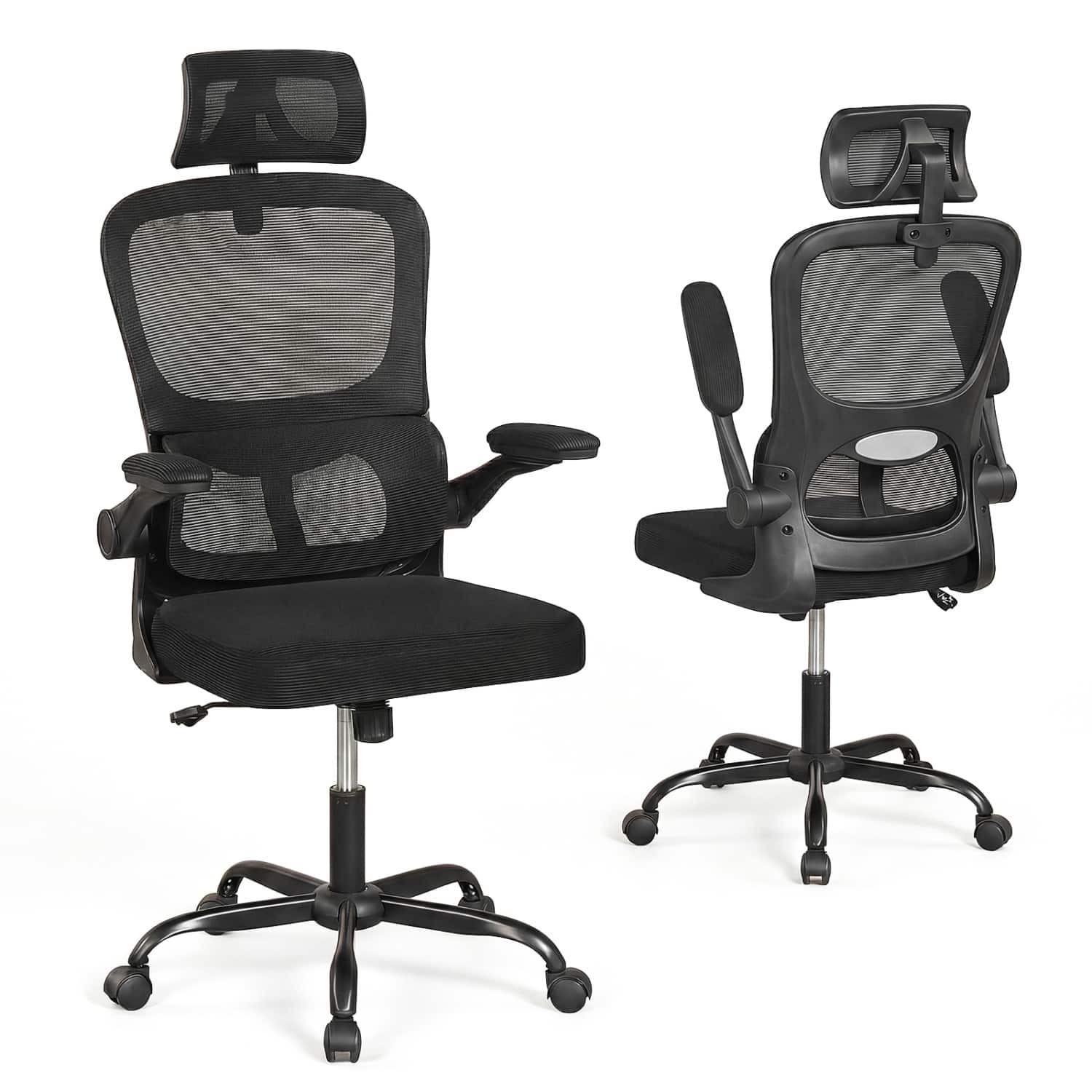 WELLFOR - Mesh Office Chair with Adaptive Lumbar Support Flip-up Armrests Reclining Backrest - Black