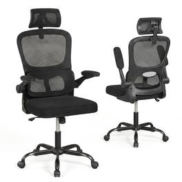 WELLFOR - Mesh Office Chair with Adaptive Lumbar Support Flip-up Armrests Reclining Backrest - Black