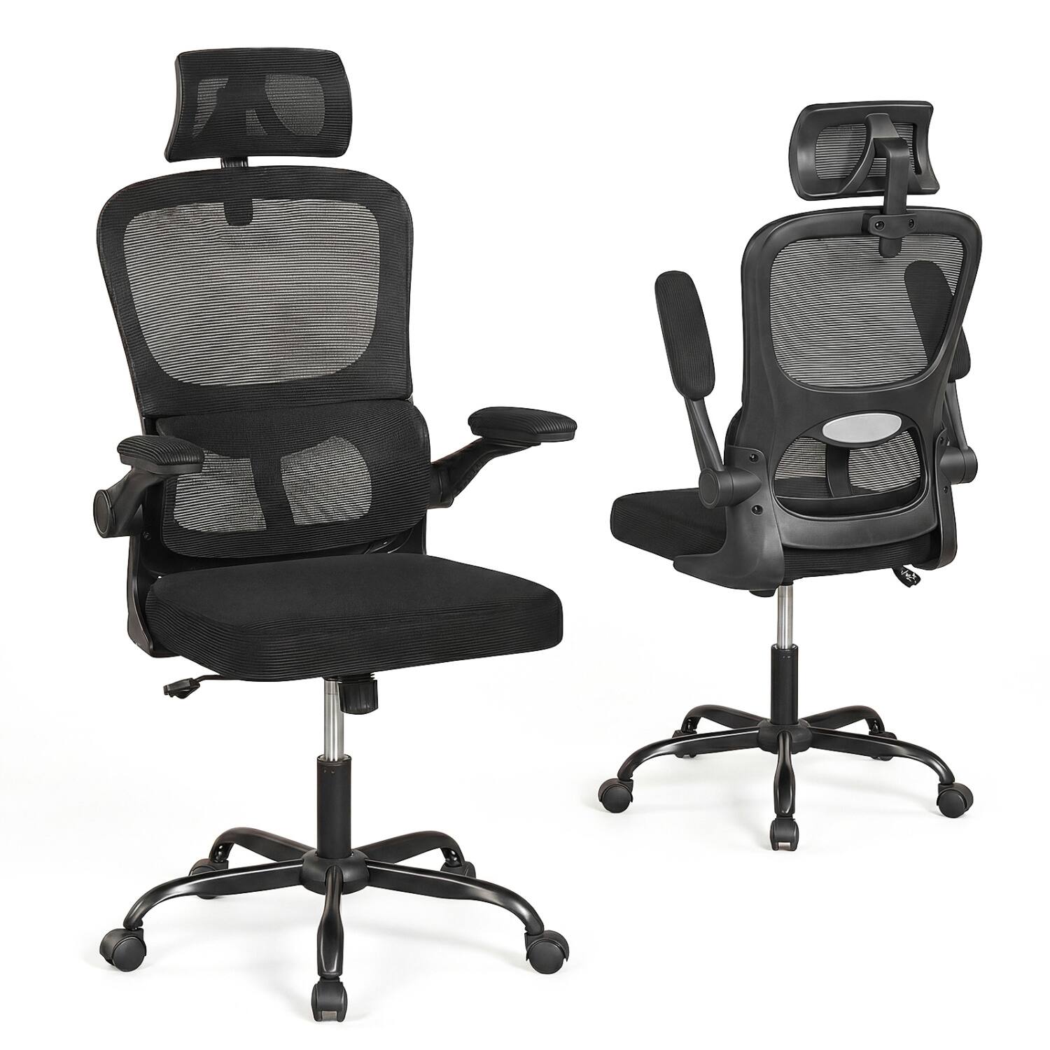 Front. WELLFOR - Mesh Office Chair with Adaptive Lumbar Support Flip-up Armrests Reclining Backrest - Black.