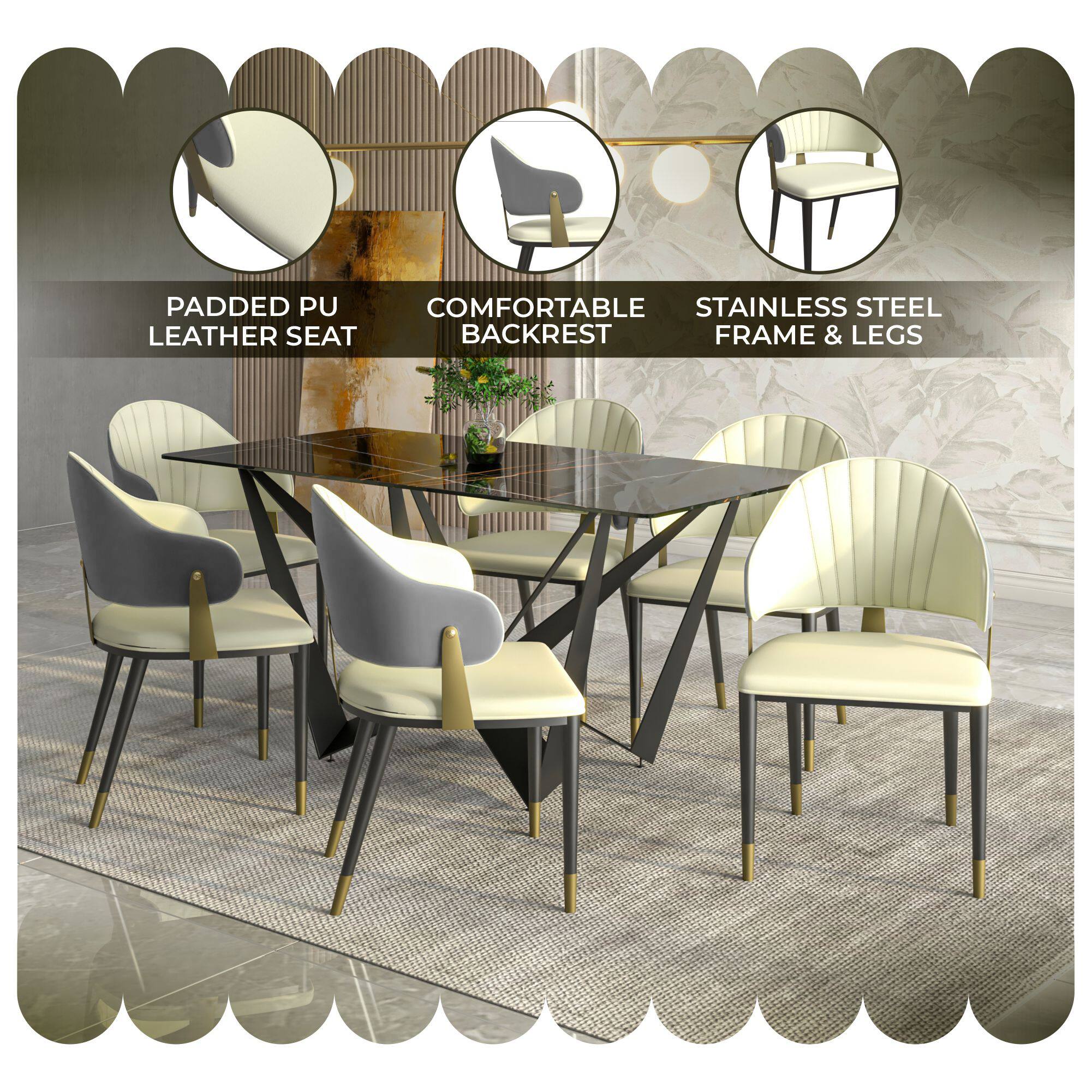 Padded PU Leather Seat  
Comfortable Backrest  
Stainless Steel Frame & Legs