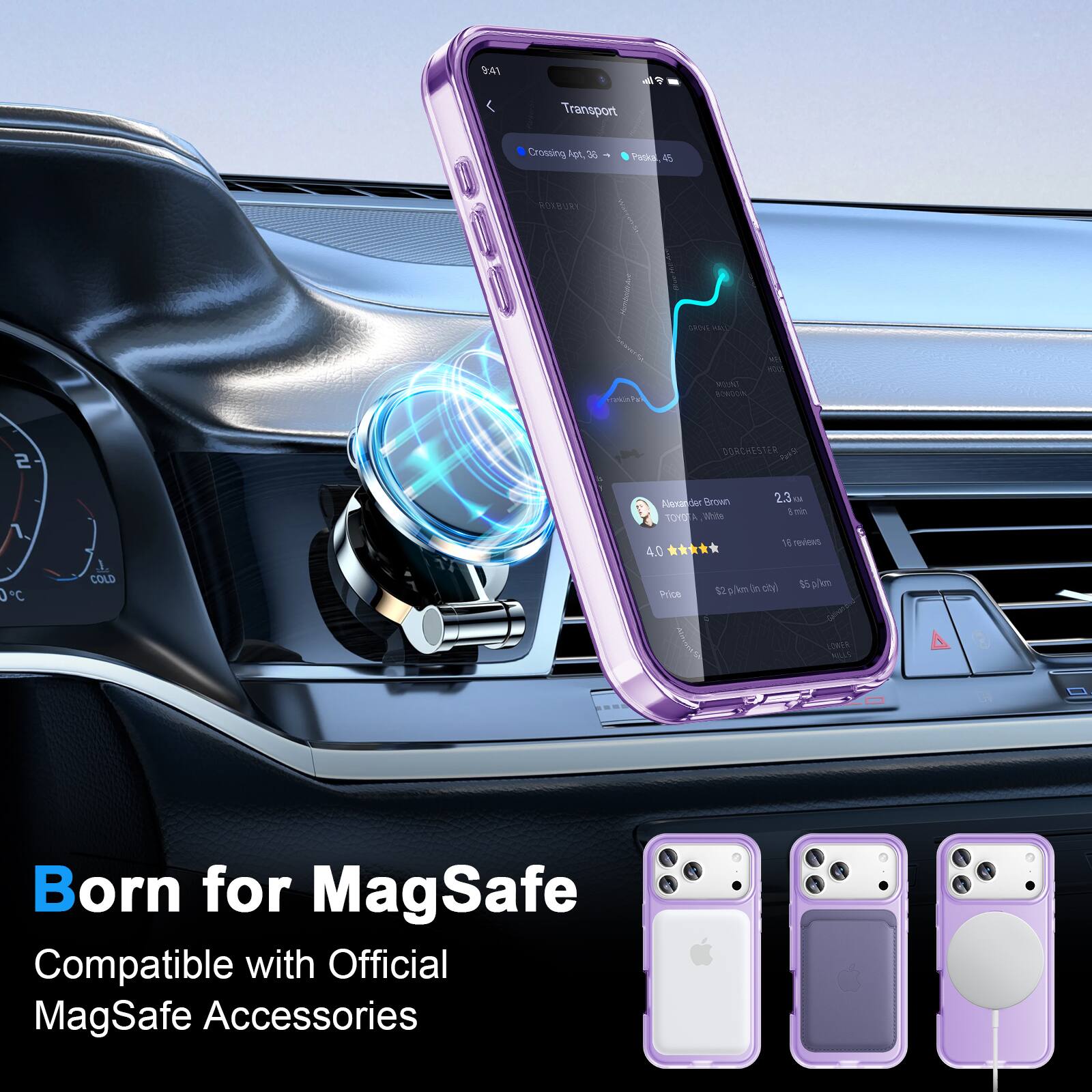 9:41  
Transport Crossing  
FOL 3 Prkka  
VORBURE P sems DA - NATO MOA AOOR  
DONC DORCHESTER  
Alex Brown  
T0Y0 A  
2.3 T 1 - 0 C J COLD 4.0  
Prich 1 Fodeen 0 b pien i 92 p/k  
in t eta MLLS  
Born for MagSafe  
Compatible with Official MagSafe Accessories