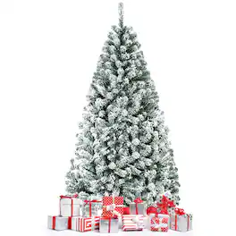 Gymax - 6ft Snow Flocked Hinged Artificial Christmas Tree Unlit Holiday Decor - Green