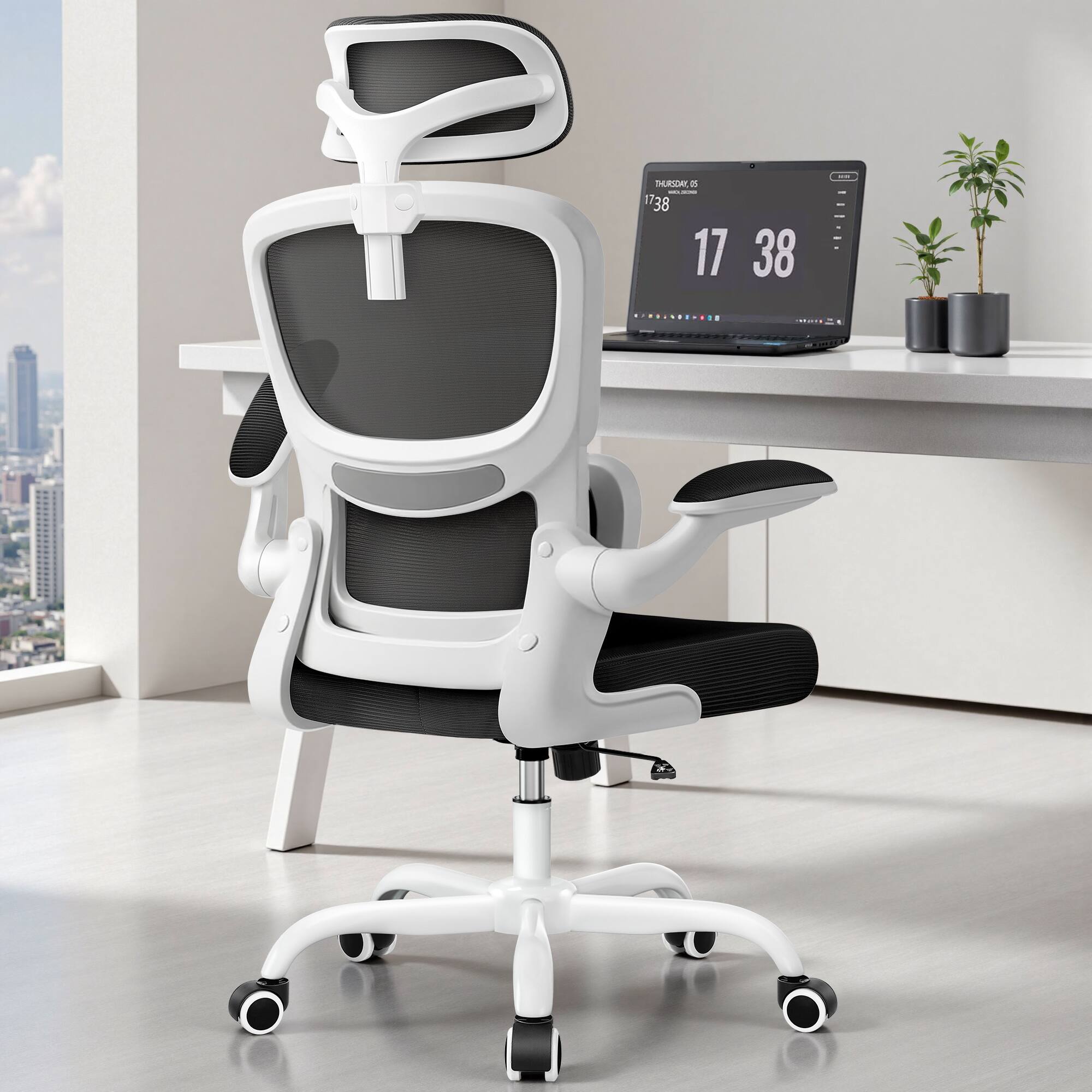 KERDOM - High Back Ergonomic Office Chair, Breathable Mesh Desk Chair with Lumbar Support, Flip-up Arms, Computer Gaming Chair - White